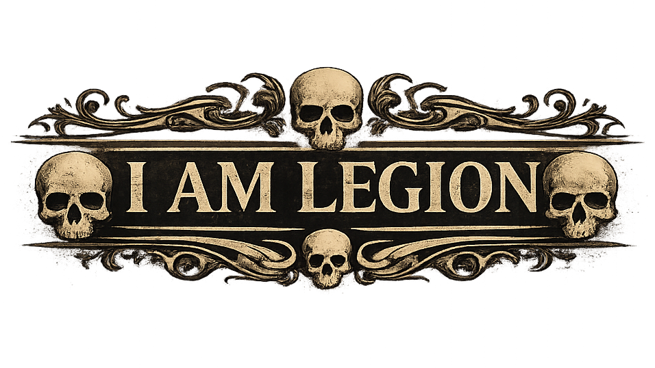 Gothic logo saying I Am Legion with skulls on the top, left and right.