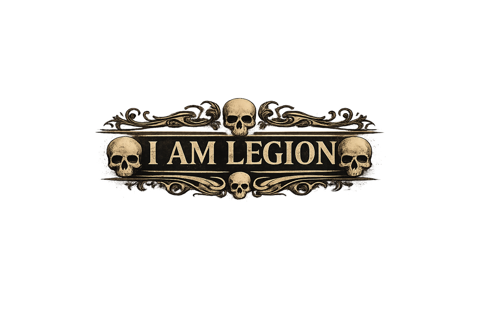 Gothic logo saying I Am Legion with skulls on the top, left and right.